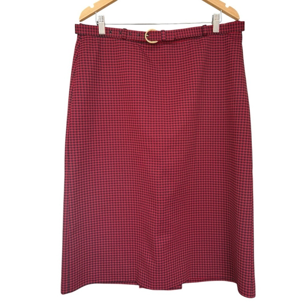 Vintage 80s Red Houndstooth Pencil Skirt with Gold Belt Size 16 D’Alliard’s